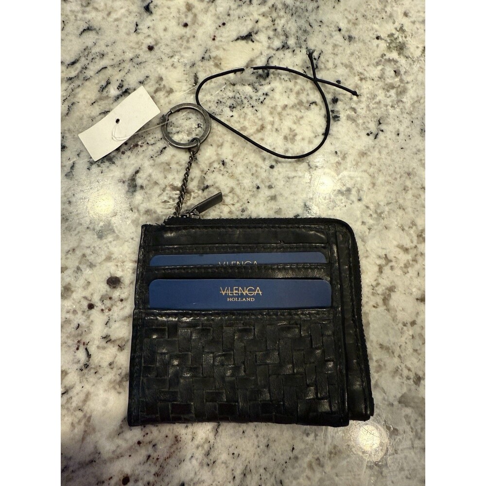 Vilenca Holland Black Woven Leather Zip Around‎ Wallet Keyring Boho Basket NEW